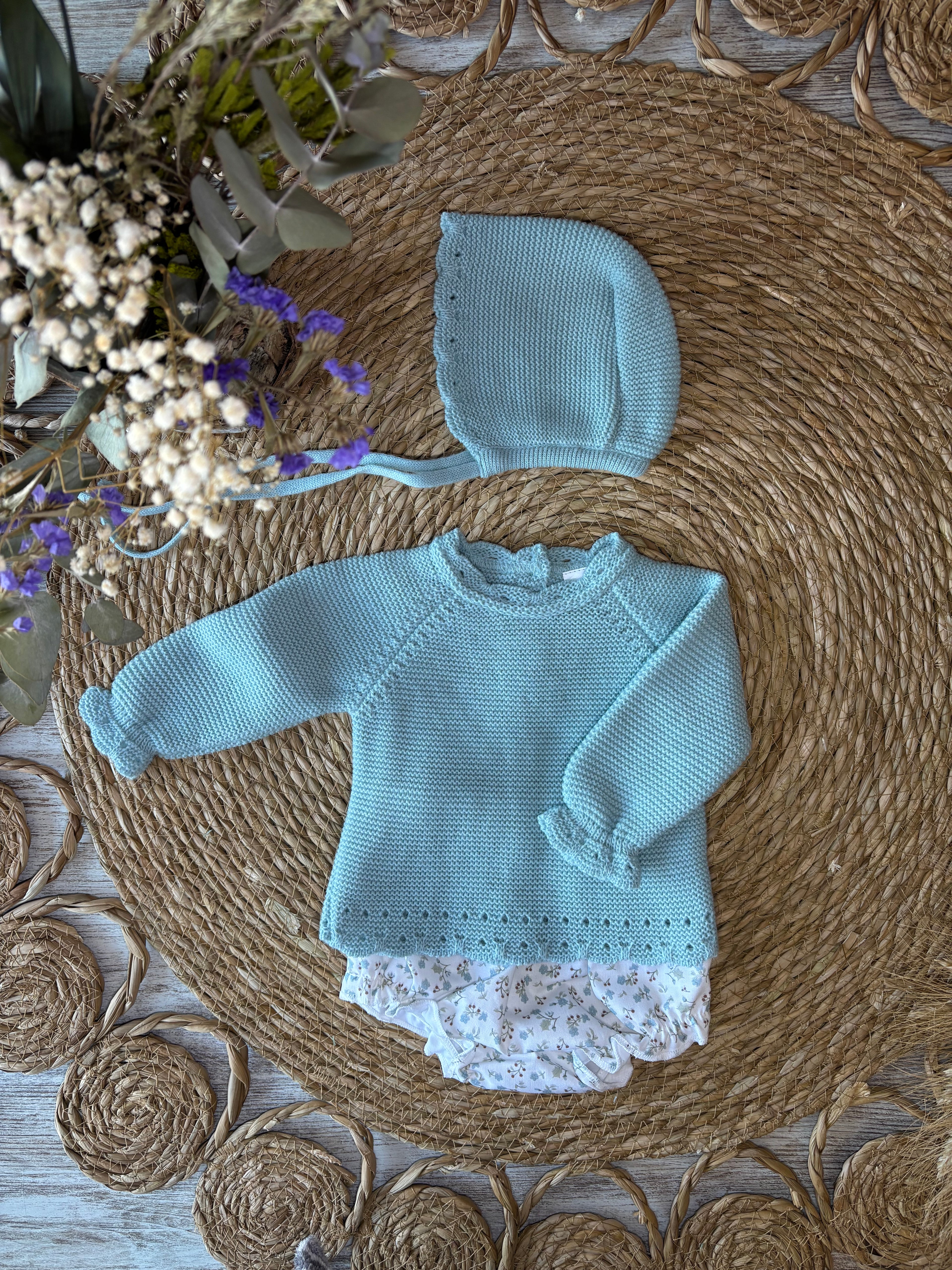 CONJUNTO CUBRE PAÑAL, JERSEY Y CAPOTA EN TURQUESA